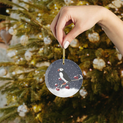 Puffin on a Winter Branch Christmas Bird Glass Ornament