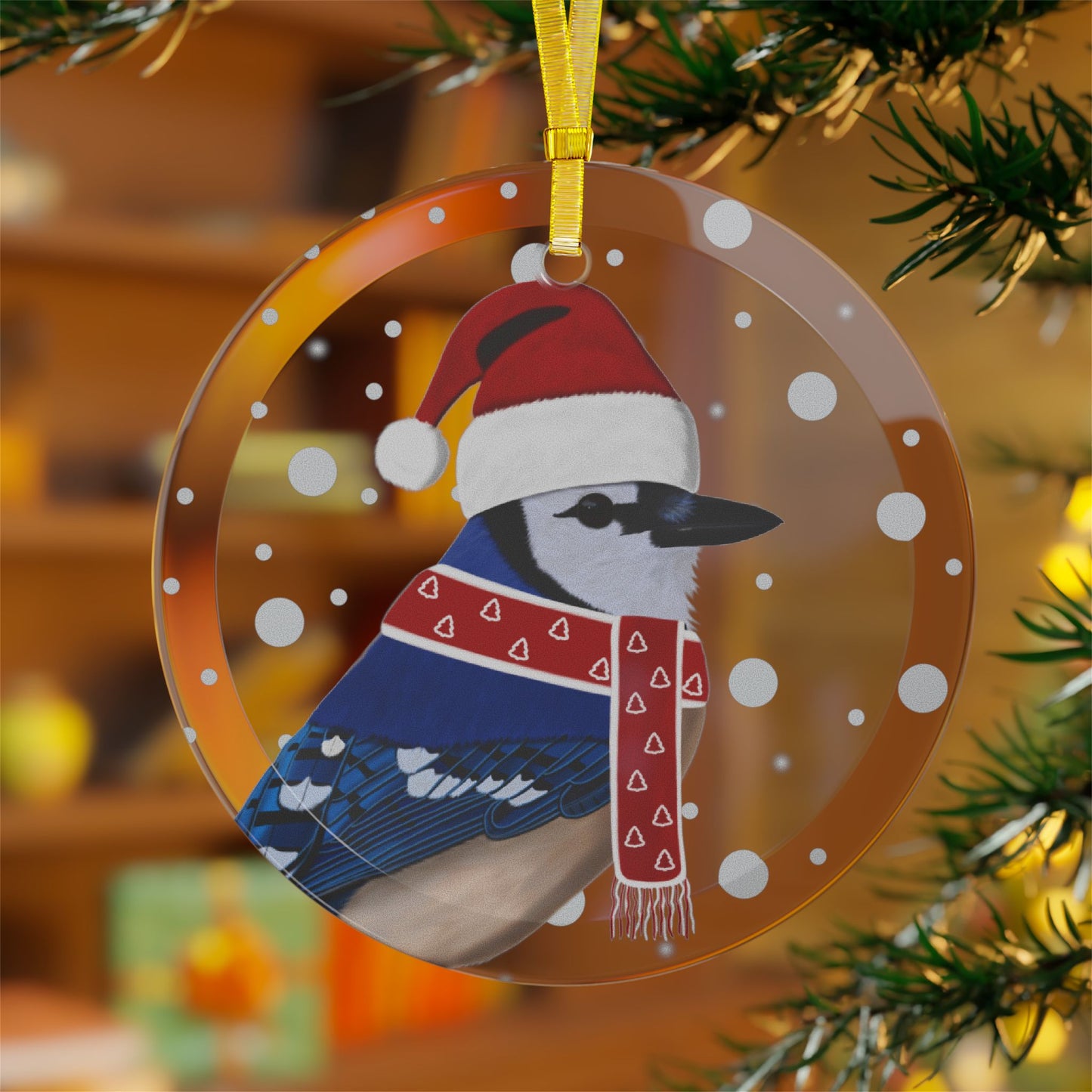 Blue Jay as Santa Claus Christmas Bird Glass Ornament Transparent