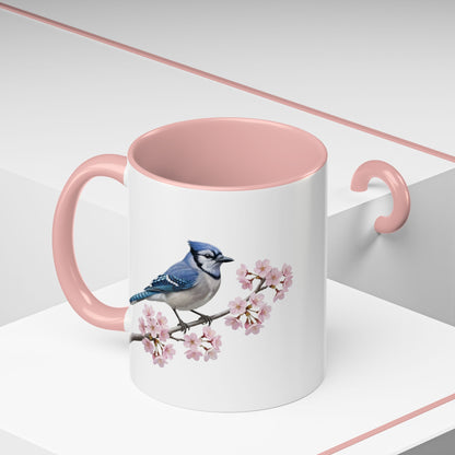 Blue Jay Cherry Blossom Mug | Pink Ceramic Coffee Cup for Bird Lovers