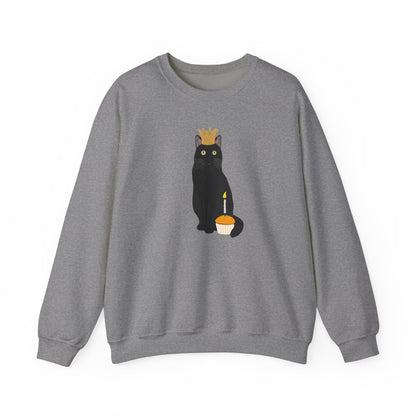 Black Birthday Cat with Muffin and Golden Crown Cat Lover Sweatshirt