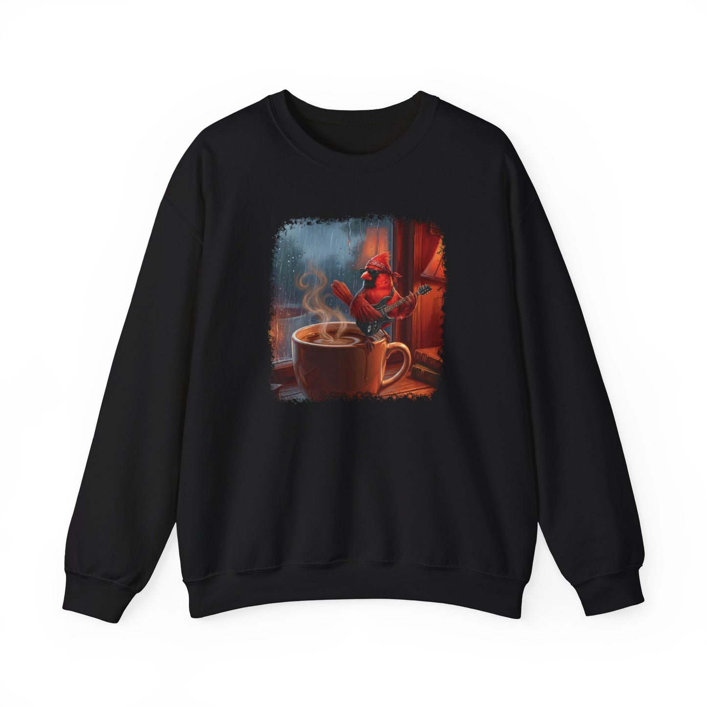 Cozy Rainy Day Coffee Sweatshirt – Vintage Cardinal with Guitar Graphic