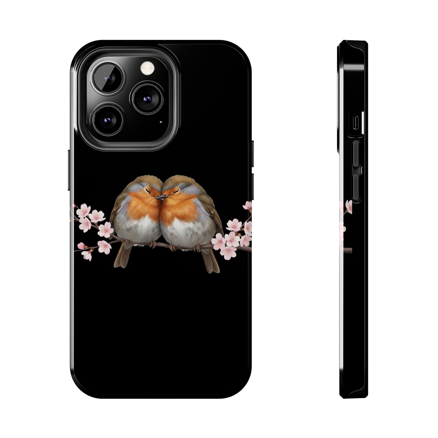 European Robin with Cherry Blossoms iPhone Case – Premium Tough Phone Cover Black