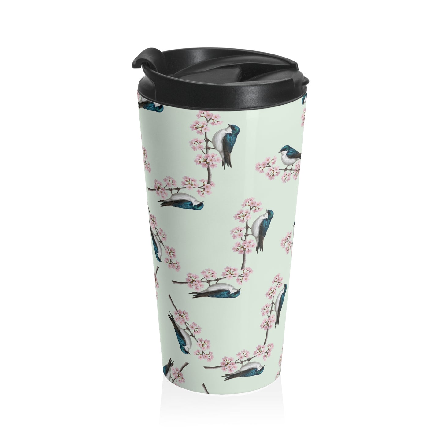 Tree Swallow Tumbler – & Cherry Blossom Travel Sage Green | 15oz Birdwatching Coffee Mug
