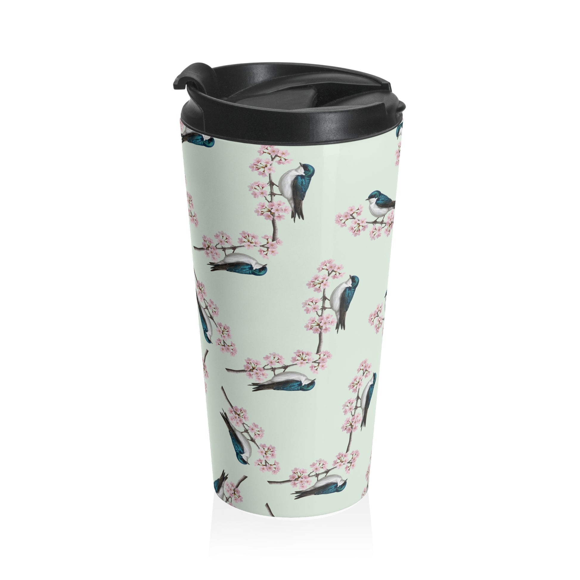 Tree Swallow Tumbler – & Cherry Blossom Travel Sage Green | 15oz Birdwatching Coffee Mug