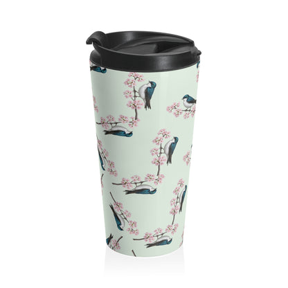 Tree Swallow Tumbler – & Cherry Blossom Travel Sage Green | 15oz Birdwatching Coffee Mug