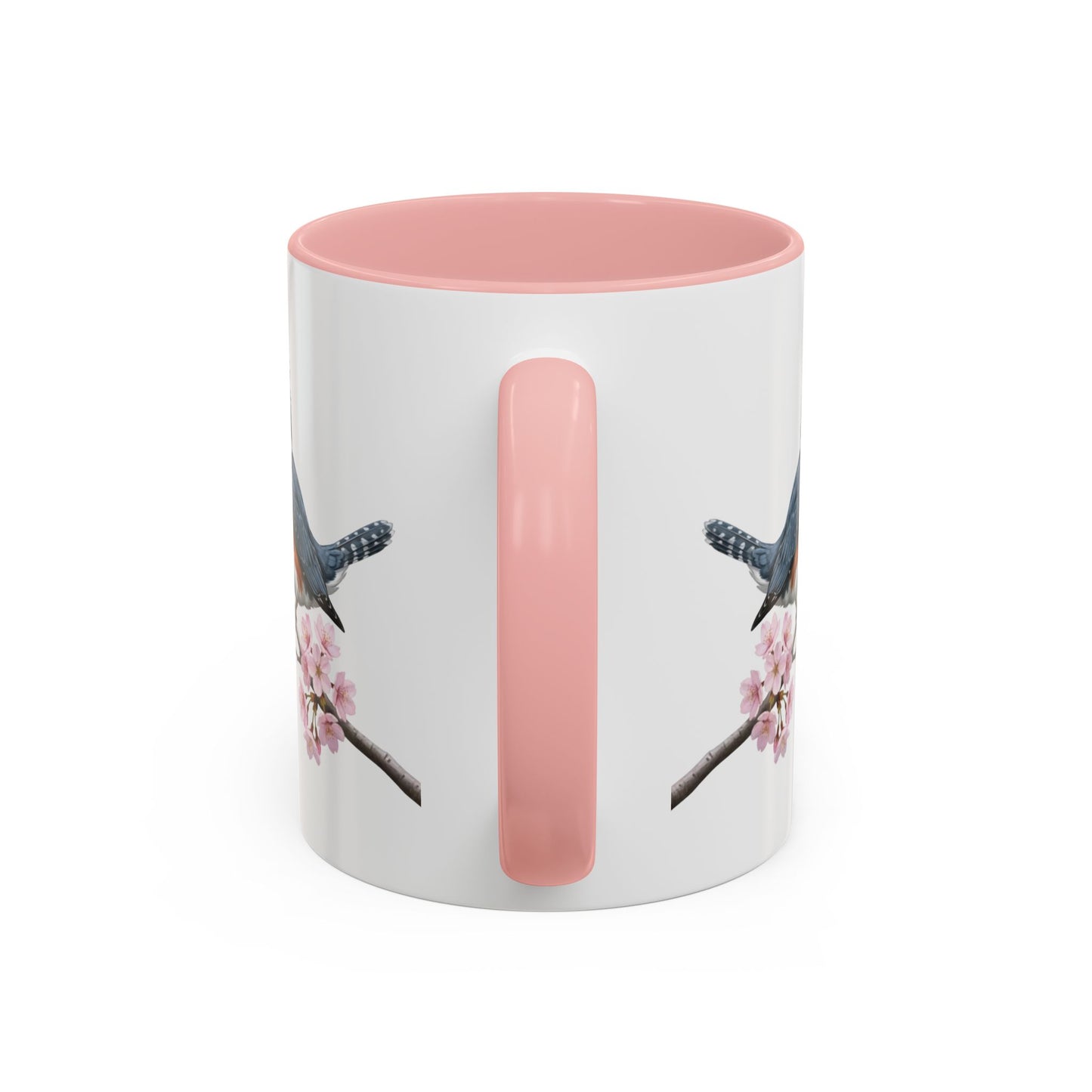 Belted Kingfisher Cherry Blossom Mug | Pink Ceramic Coffee Cup for Bird Lovers – 11oz,