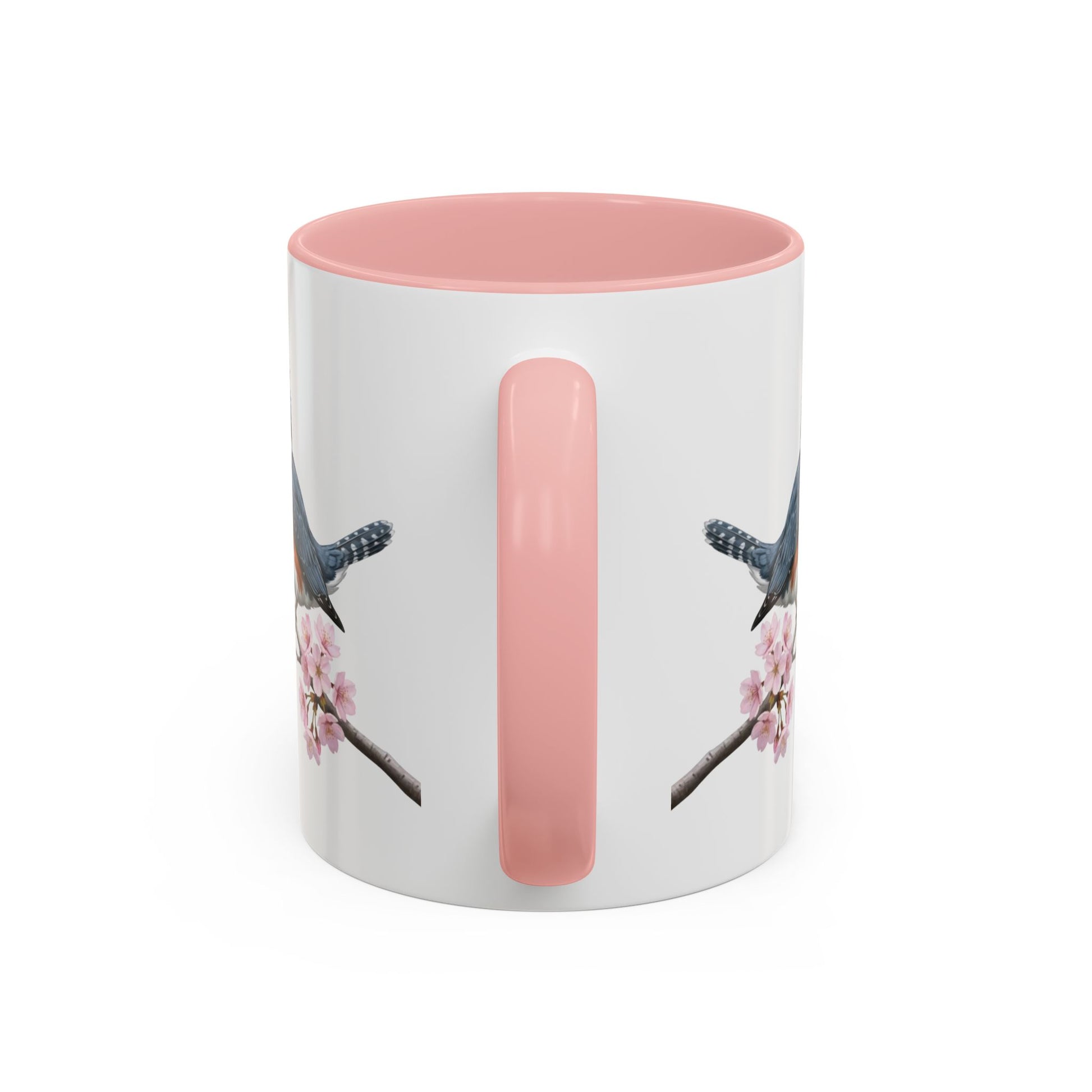 Belted Kingfisher Cherry Blossom Mug | Pink Ceramic Coffee Cup for Bird Lovers – 11oz,