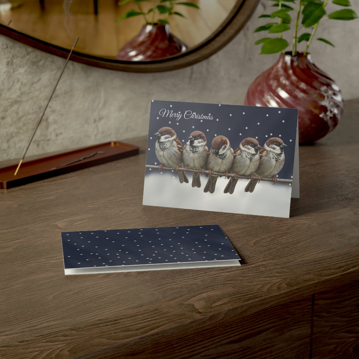 Tree Sparrows Bird Art Premium Christmas Card 7x5" | Double-Sided Matte Holiday Greeting