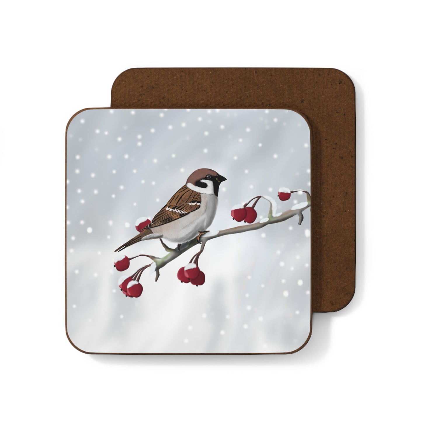 Tree Sparrow on a Winter Branch Christmas Bird Hardboard Coaster