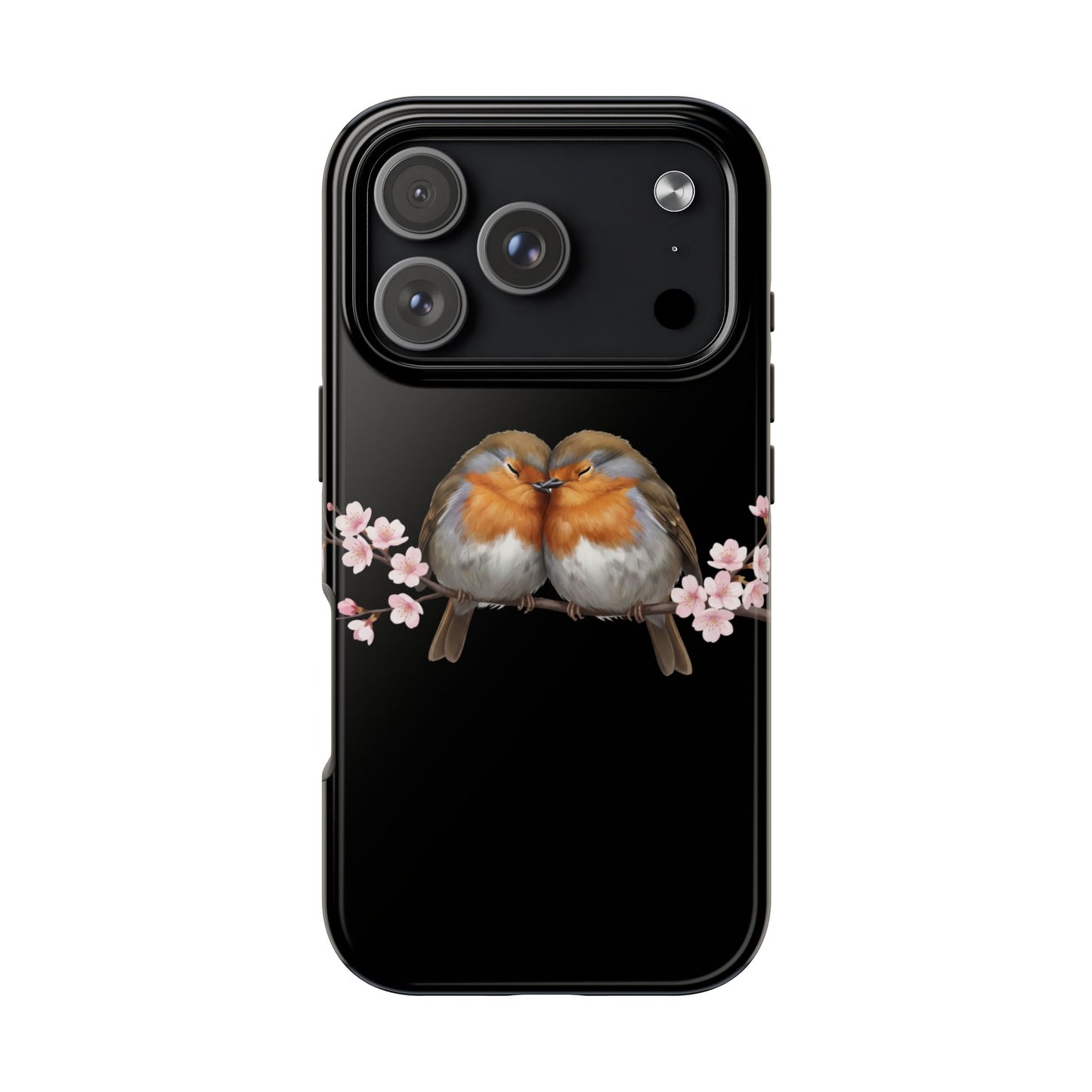 European Robin with Cherry Blossoms iPhone Case – Premium Tough Phone Cover Black