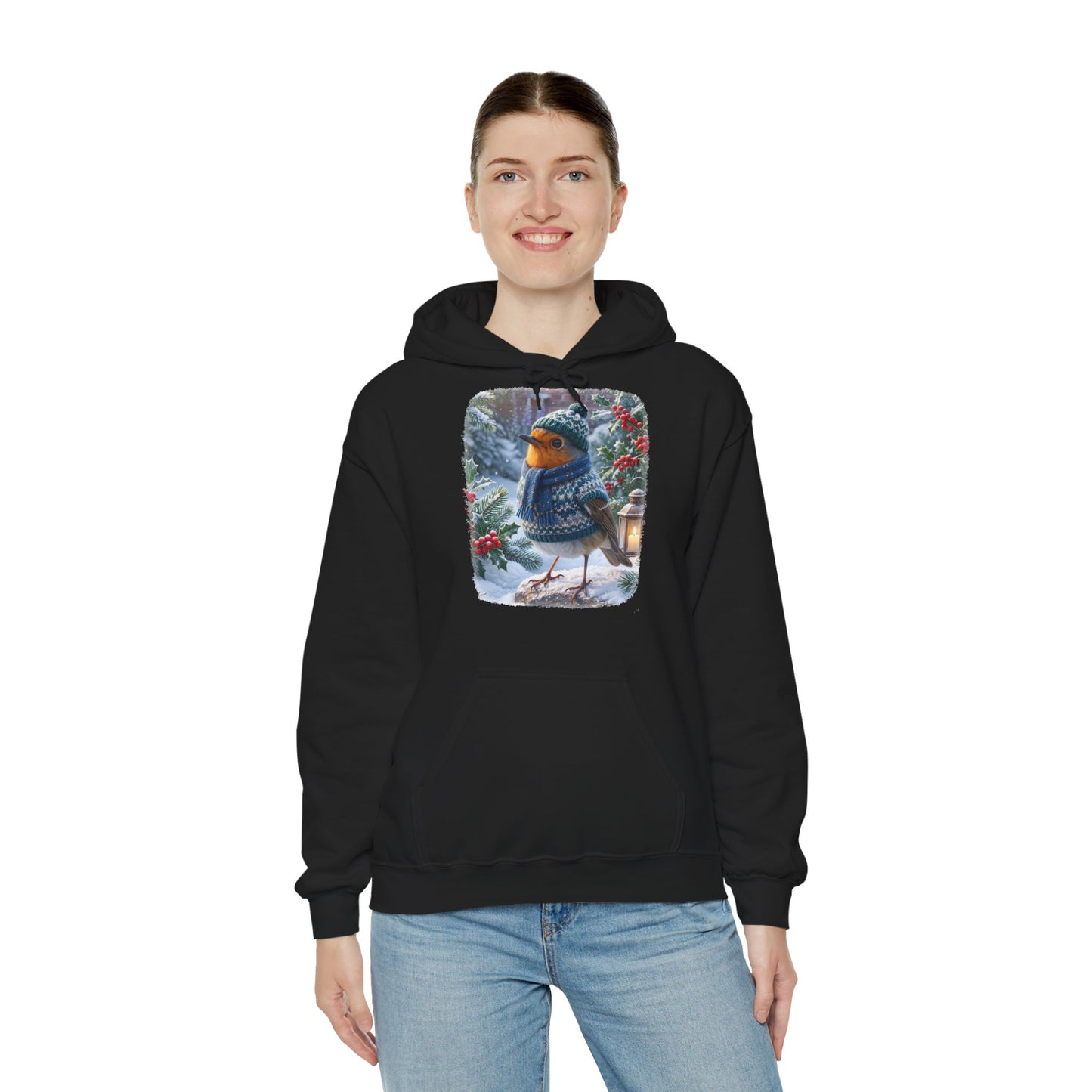 Premium Hoodie Rosi Rotkehlchen im kuscheligen Winter-Outfit