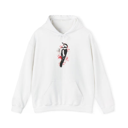 Buntspecht Hoodie – Motiv-Kapuzenpullover im Art-Design mit Sprenkel-Hintergrund