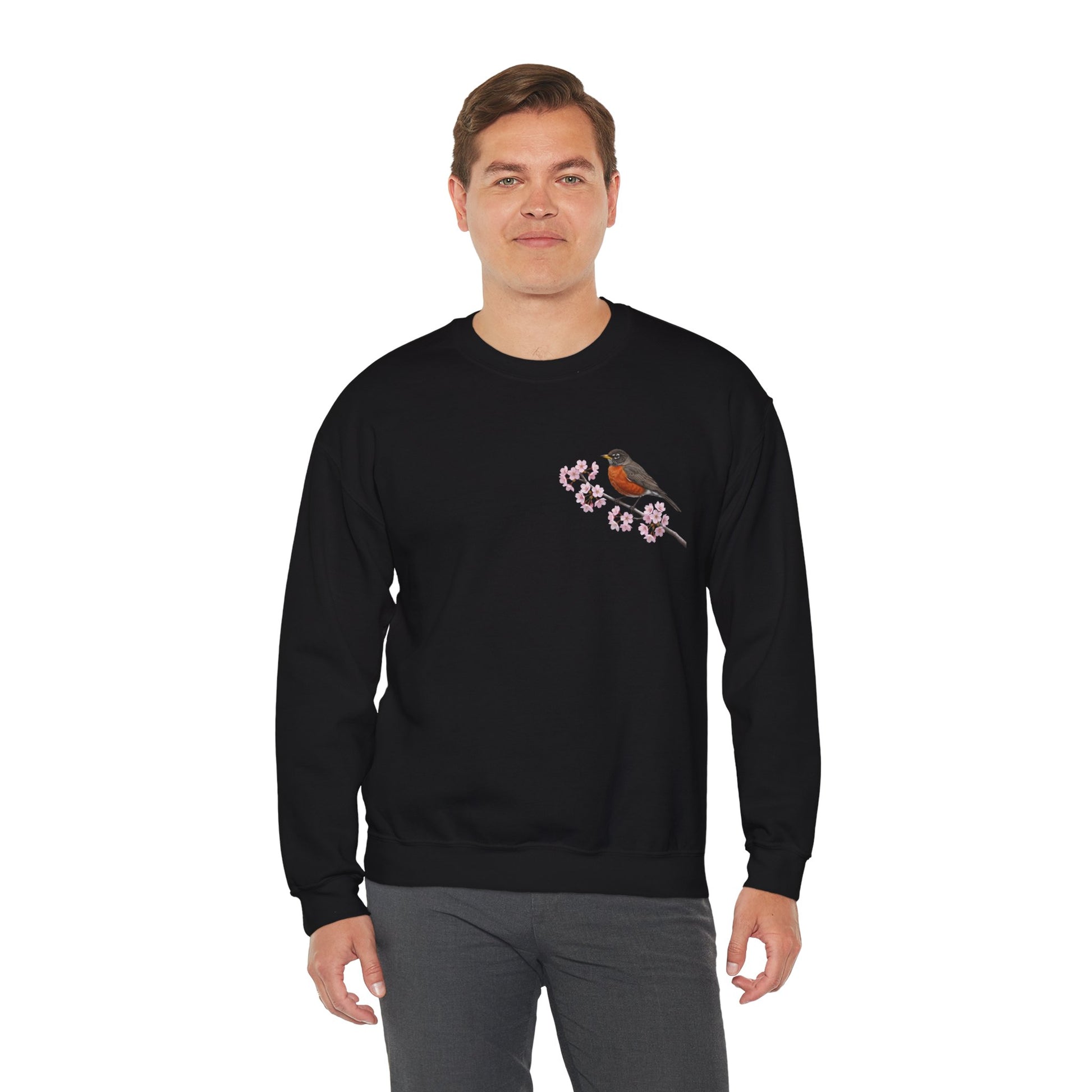 American Robin Cherry Blossom Sweatshirt | Floral Bird Crewneck Cozy Spring Pullover – Animal Lover Gift,