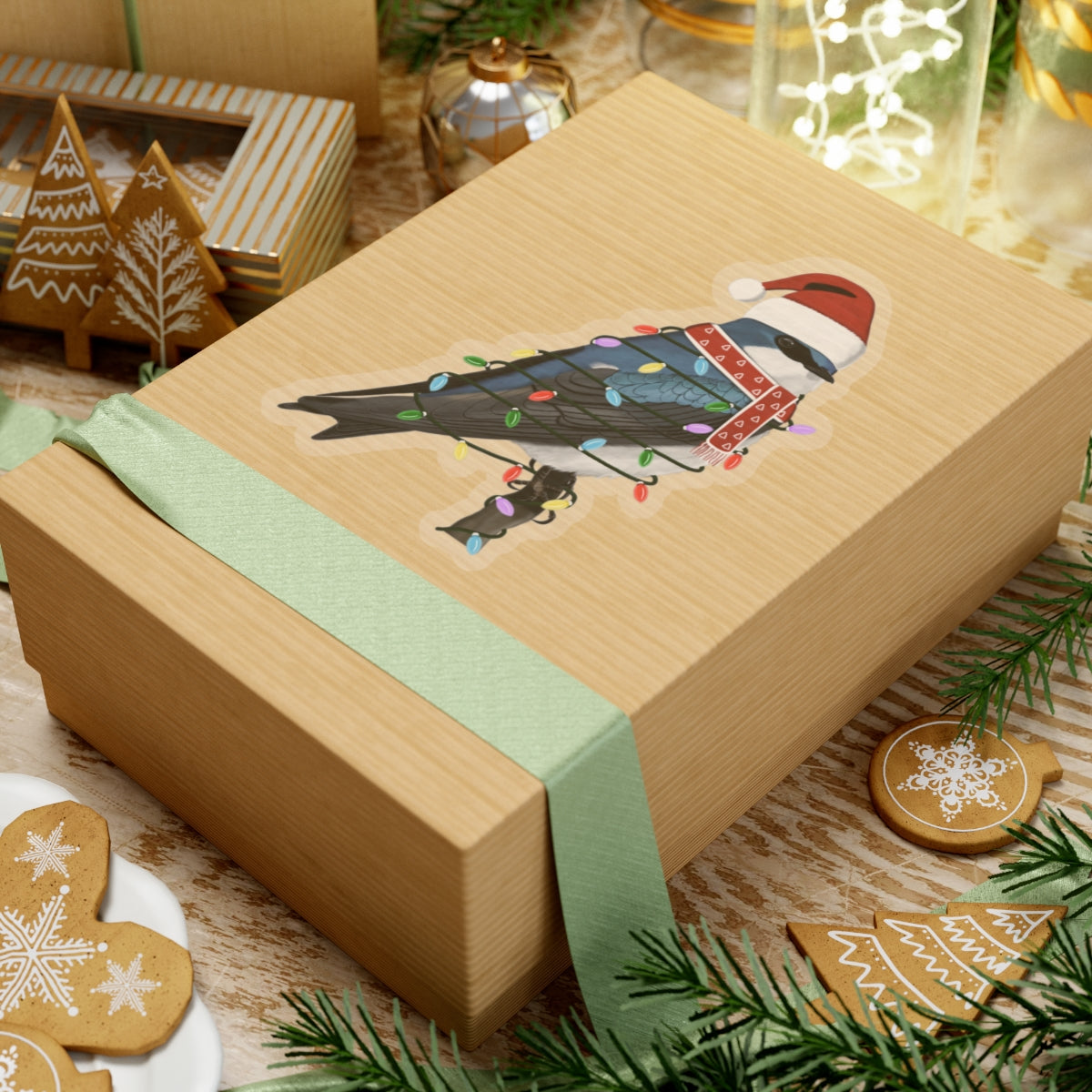 Tree Swallow with Fairy Lights Santa Claus Hat and Scarf Christmas Bird Sticker