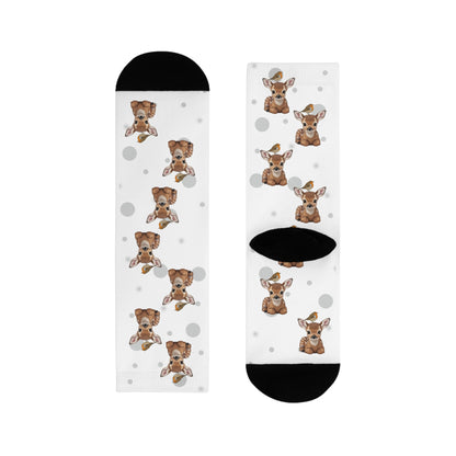 Rotkehlchen Socken mit Rehkitz Vogelsocken mit Tiermotiven Graue Punkte