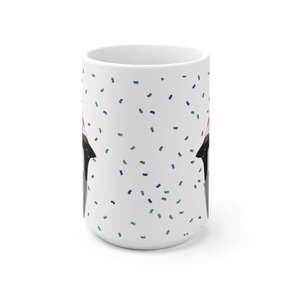 Feldsperling feiert Geburtstag mit Partyhut und Konfetti Vogel Tasse