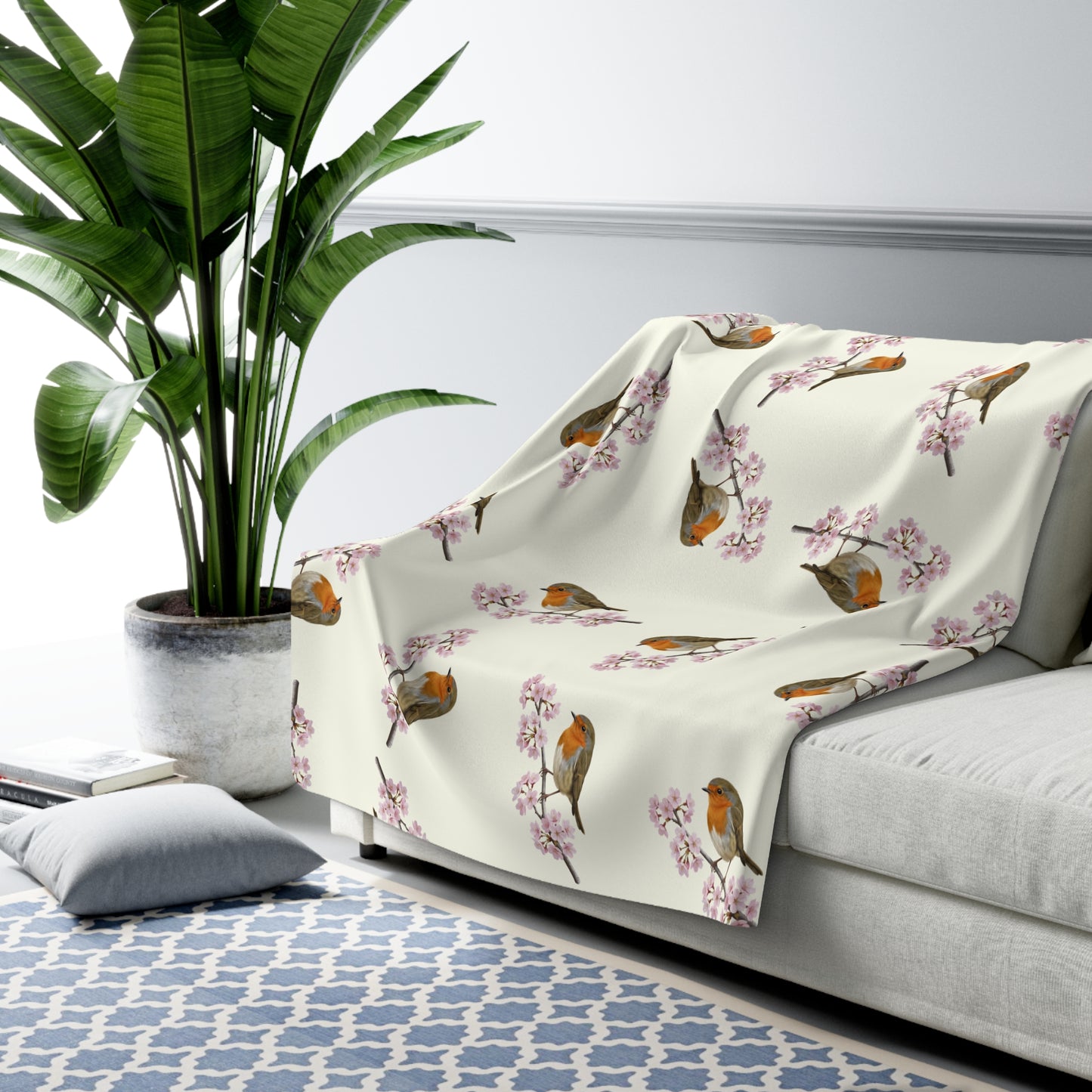 Rotkehlchen Premium Sherpa-Fleece Decke in Cremeweiß | Kuscheldecke mit Vogelmotiv (150x200cm)