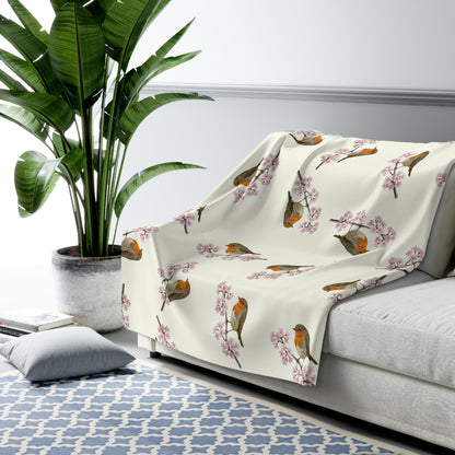 Rotkehlchen Premium Sherpa-Fleece Decke in Cremeweiß | Kuscheldecke mit Vogelmotiv (150x200cm)