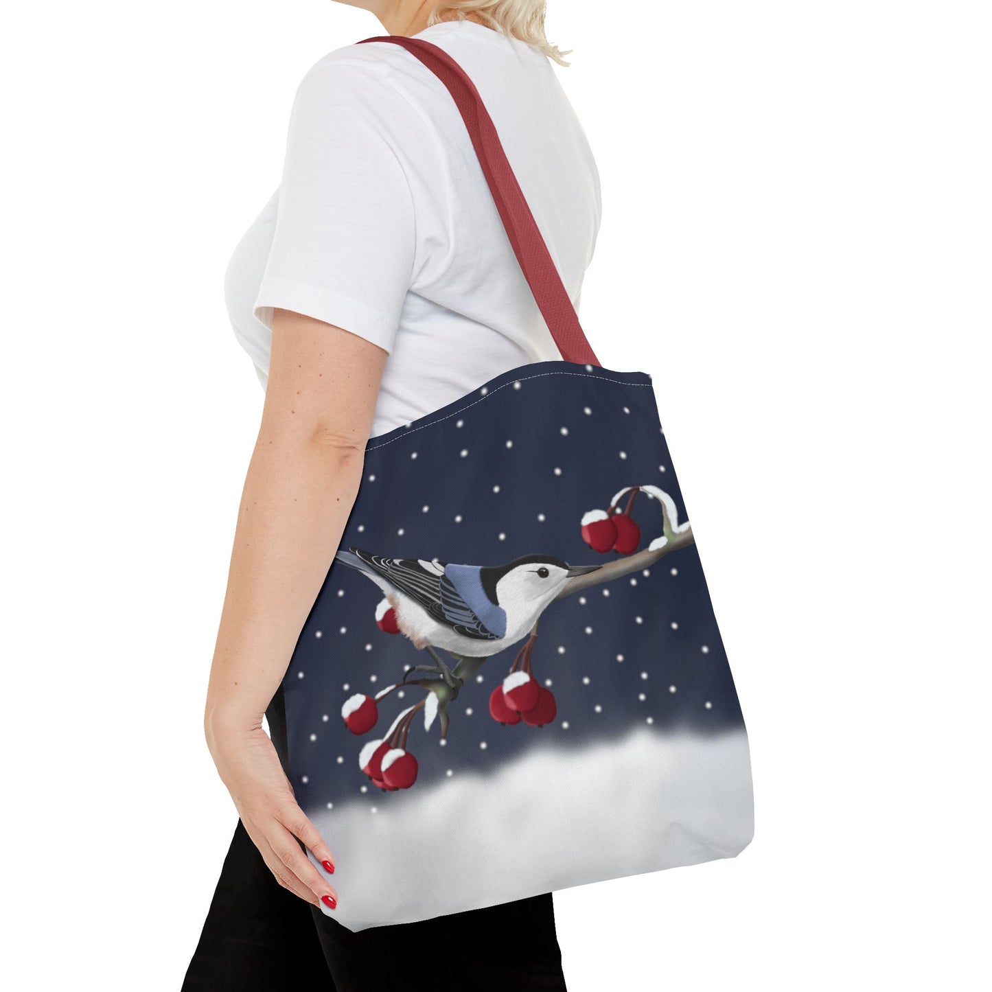 Nuthatch on a Winter Branch Christmas Bird Tote Bag 16"x16"