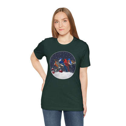 Blue Jay Robin Cardinal Bluebird Wren on a Winter Branch Birdwatcher Christmas Bird T-Shirt