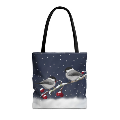 Willow Titmice on a Winter Branch Christmas Bird Tote Bag 16"x16"