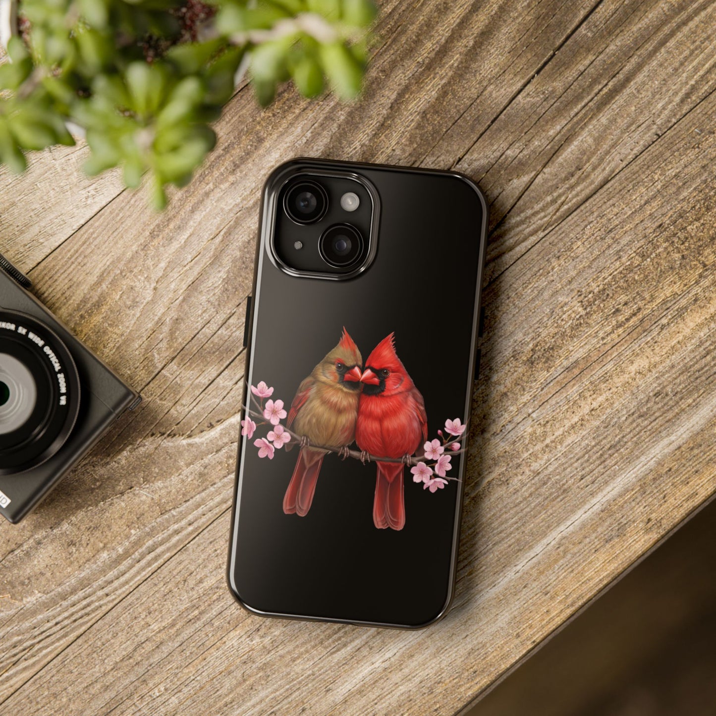 Northern Cardinal with Cherry Blossoms iPhone Case – Premium Tough Phone Cover Black