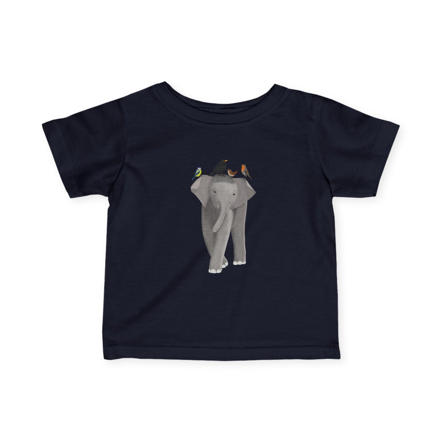 Süßes Elefant mit Amsel Blaumeise Rotkehlchen Zaunkönig Vogel Tiermotiv T-Shirt für Babys und Kleinkinder