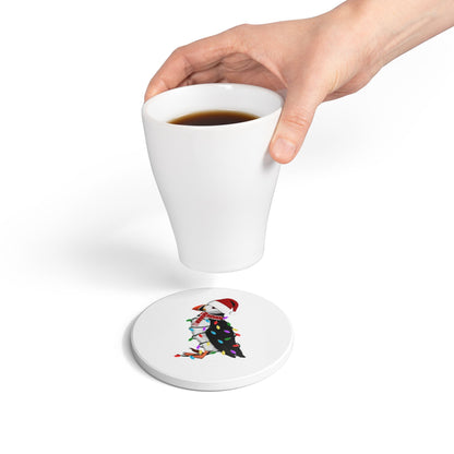 Keramik-Untersetzer Papageitaucher als Weihnachtsmann mit Lichterkette Weihnachtliches Vogel-Motiv