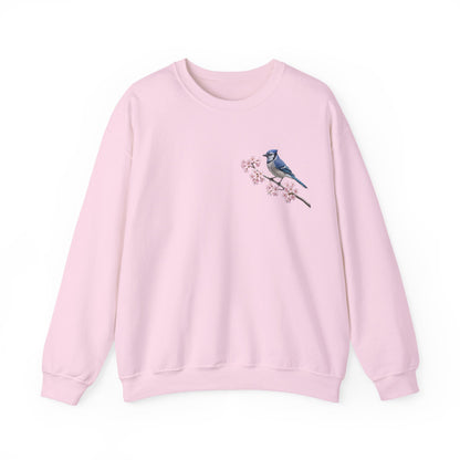 Blue Jay Cherry Blossom Sweatshirt | Floral Bird Crewneck Cozy Spring Pullover – Animal Lover Gift,