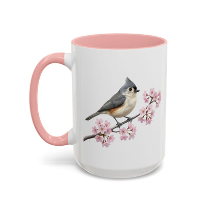 Tufted Titmouse Cherry Blossom Mug | Pink Ceramic Coffee Cup for Bird Lovers