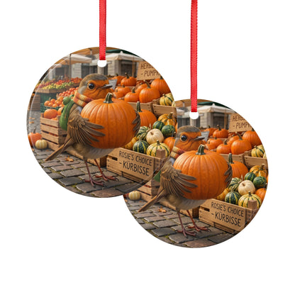 Premium Keramik Ornament Rosi Rotkehlchen & der Riesen-Kürbis | 7,5x7,5 cm | Lustige Herbst Deko für Vogelfreunde