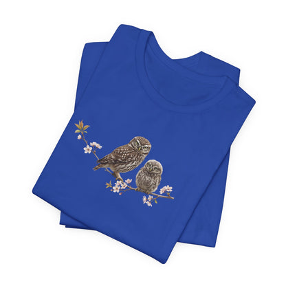 Little Owl & Fledgling T-Shirt | Spring Blossoms Unisex Graphic Tee