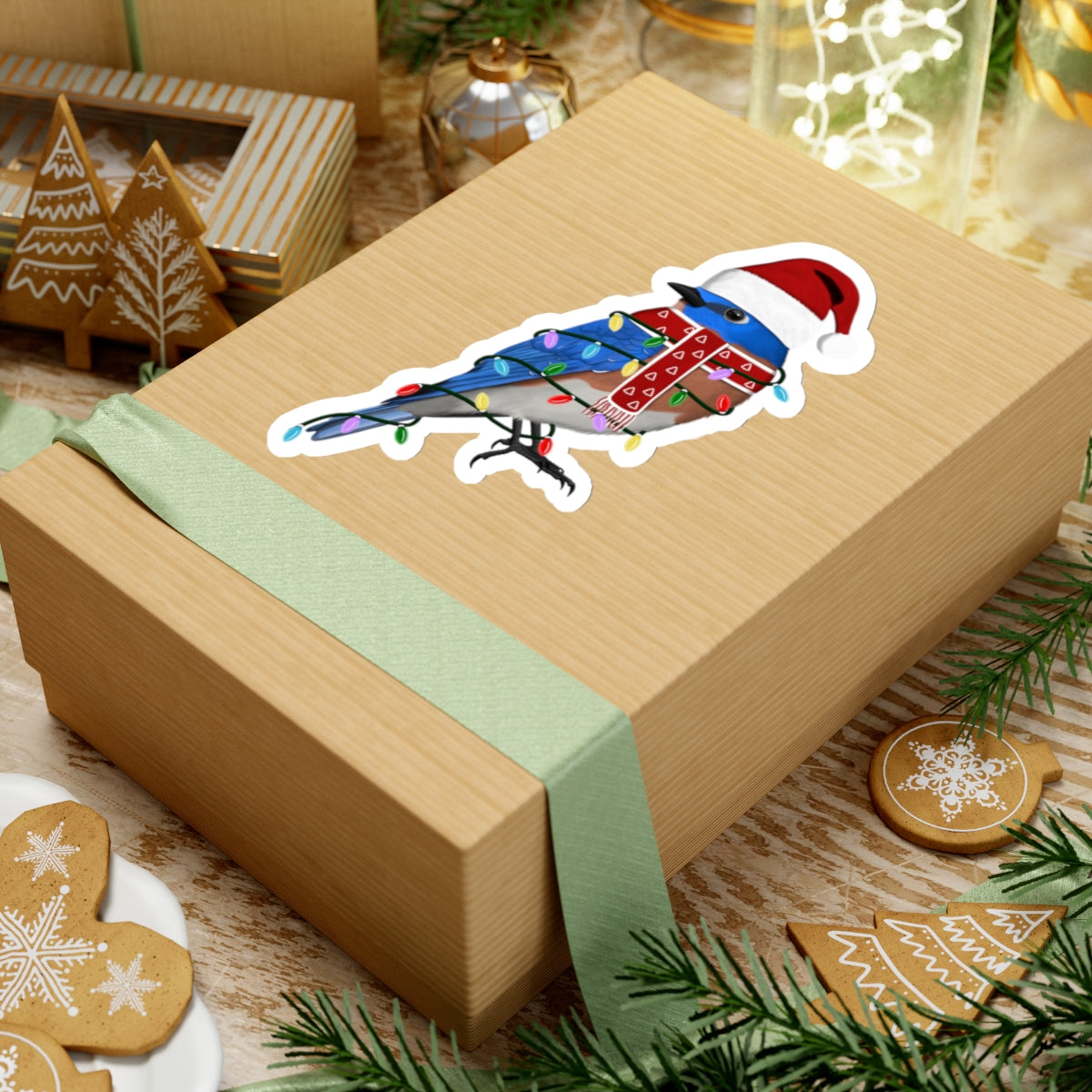 Bluebird with Fairy Lights Santa Claus Hat and Scarf Christmas Bird Sticker