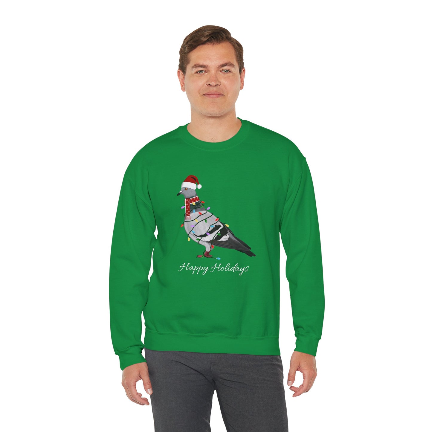 Pigeon with Fairy Lights as Santa Happy Holidays Birdwatcher Christmas Bird Sweatshirt