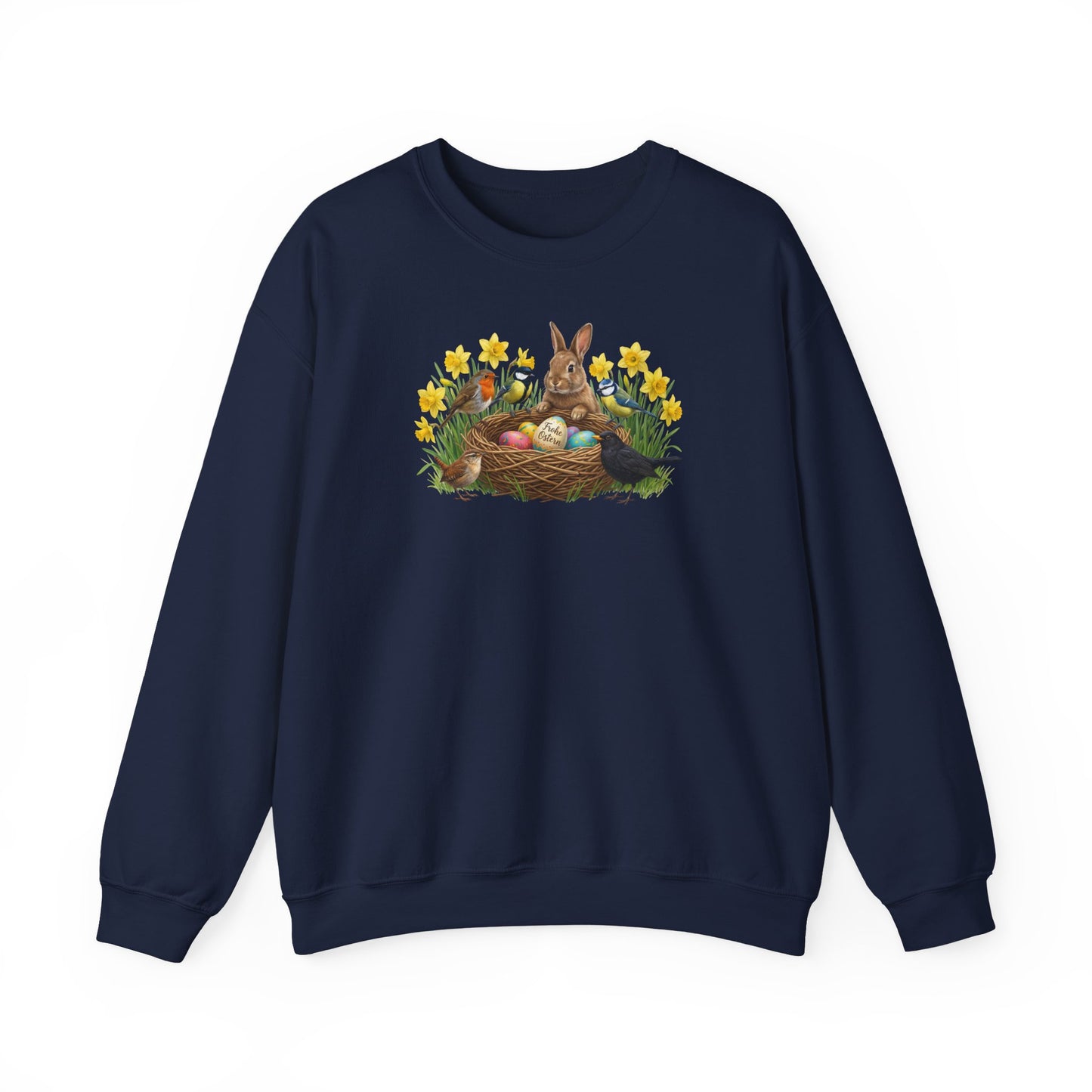 Oster Sweatshirt – Kaninchen & Singvögel am Osternest in Osterglocken | Unisex Pullover