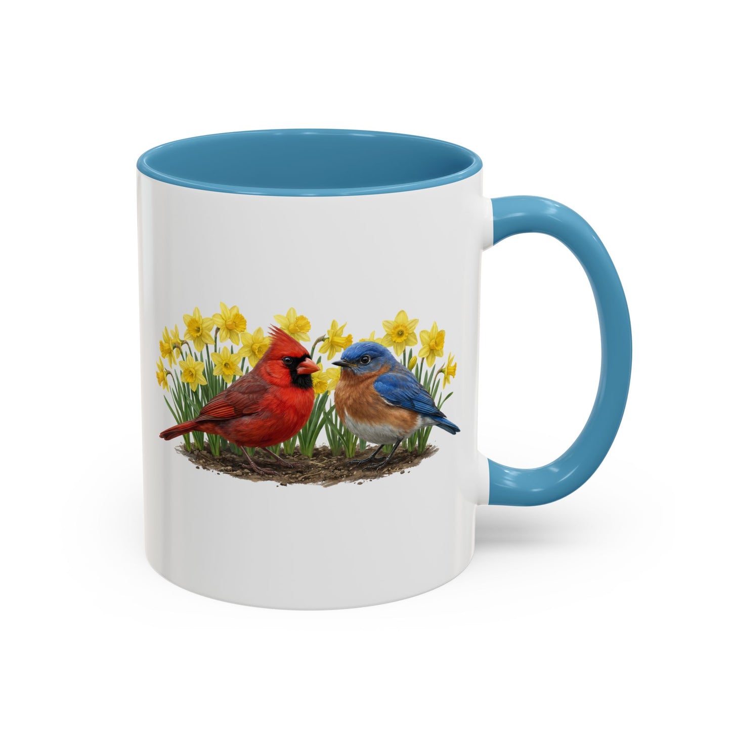 Spring Birds Coffee Mug – Cardinal & Bluebird in Daffodils | Two-Tone Ceramic Cup (11oz & 15oz)
