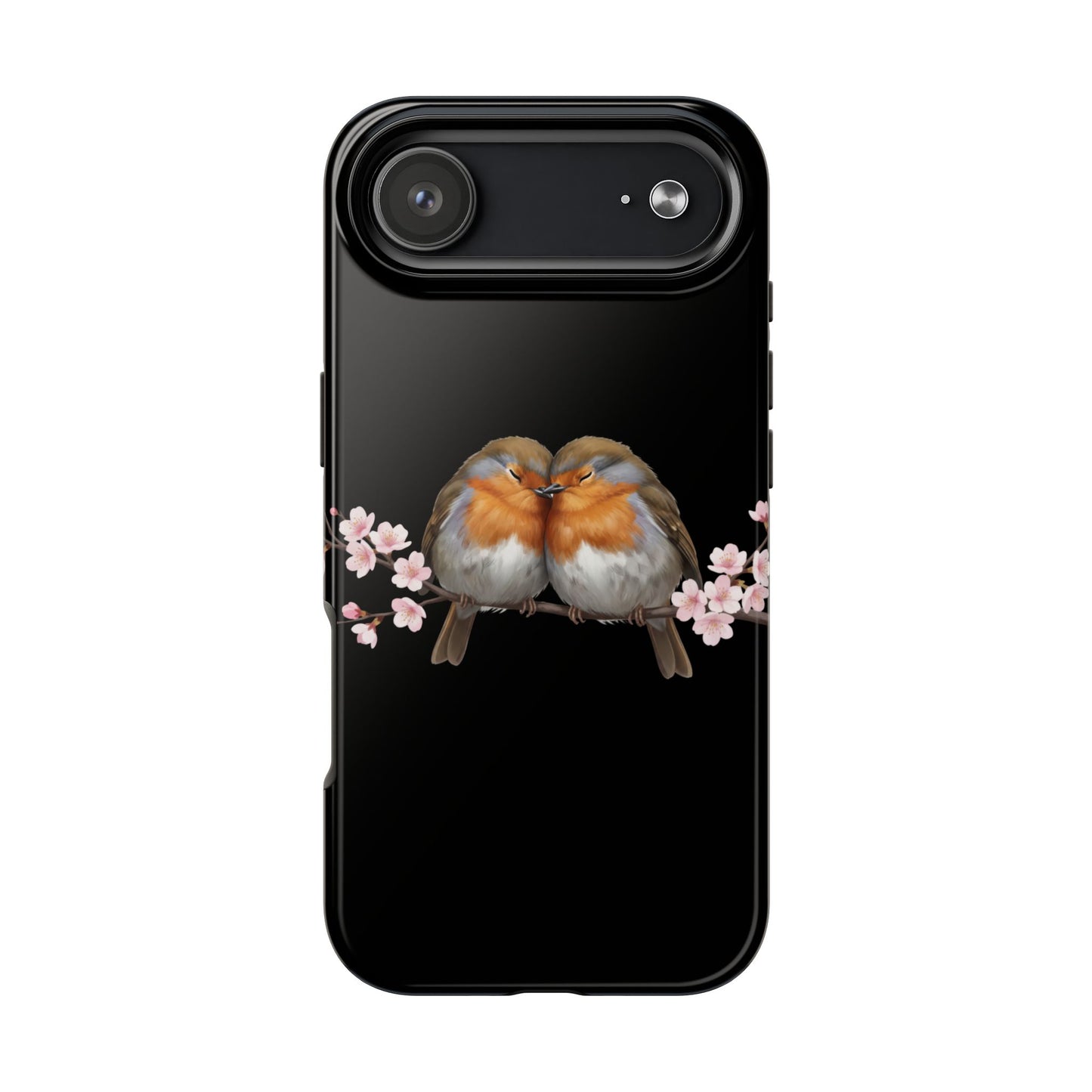 European Robin with Cherry Blossoms iPhone Case – Premium Tough Phone Cover Black