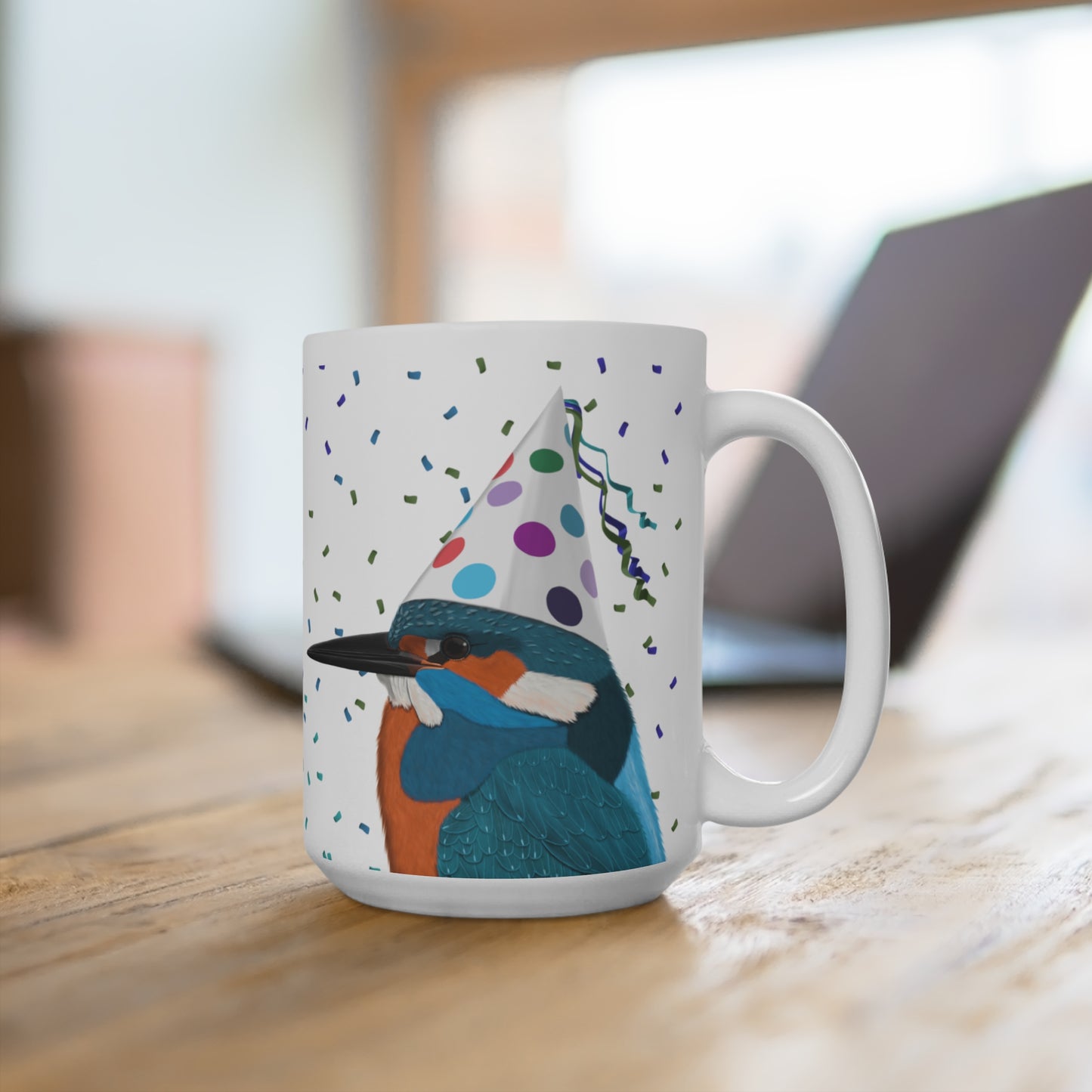 Eisvogel feiert Geburtstag mit Partyhut und Konfetti Vogel Tasse