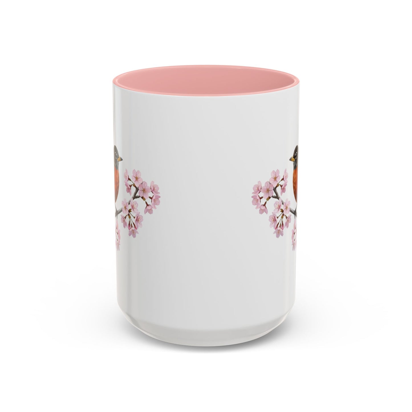 American Robin Cherry Blossom Mug | Pink Ceramic Coffee Cup for Bird Lovers