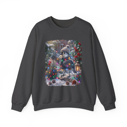 A dark gray crewneck sweatshirt featuring a colorful graphic print of a snowy winter scene with a tufted titmouse wearing a beanie and scarf, surrounded by Christmas lights, pinecones, and a lantern.