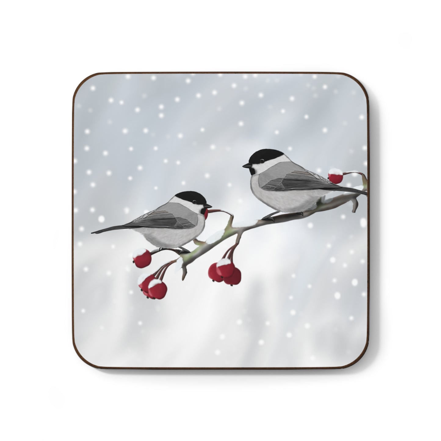 Willow Titmice on a Winter Branch Christmas Hardboard Coaster