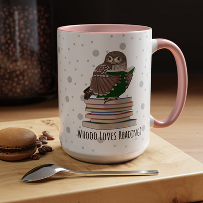 Whooo Loves Reading Owl Teacher Mug – Two-Tone Librarian & Book Lover Cup