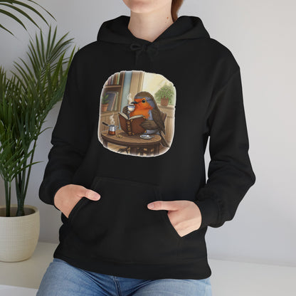 Rotkehlchen liest Bücher und trinkt Kaffee Vogel Hoodie - Kapuzenpullover für Vogelbeobachter mit Vogelmotiv