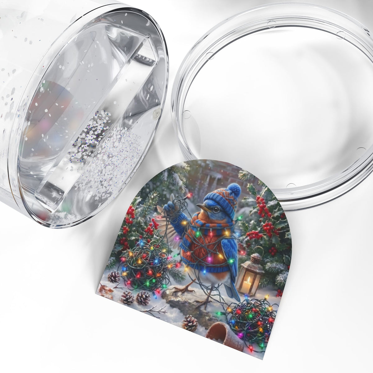 Eastern Bluebird Christmas Snow Globe – Tangled Lights Winter Bird Art