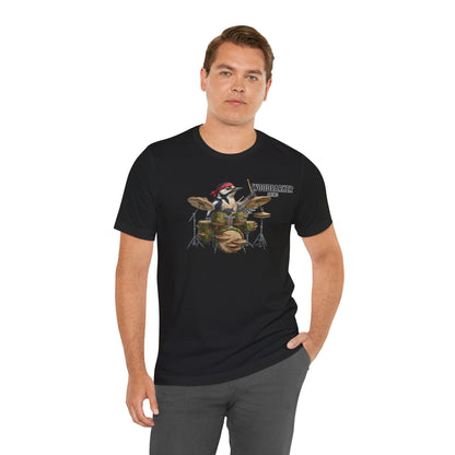 The Woodbarker Graphic Tee – Woodpecker Drummer – Funny Rock Band Bird Shirt