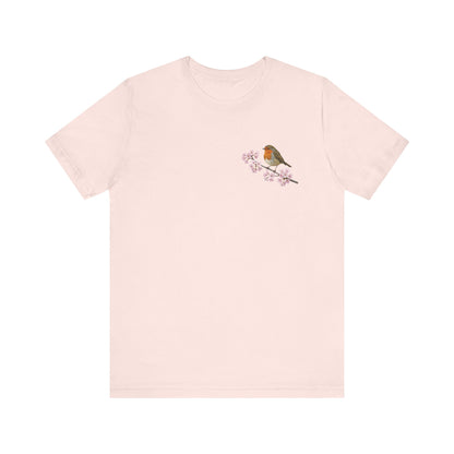 Rotkehlchen T-Shirt mit Kirschblüten | Florales Vogelmotiv für Vogelfreunde