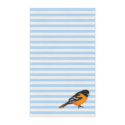 Baltimore Oriole Bird Art Kitchen Towel Blue White 18" × 30"