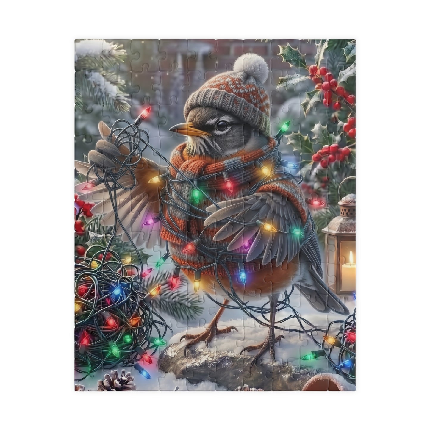 A square jigsaw puzzle featuring a winter holiday scene with a robin wearing a knit hat and scarf, wrapped in multicolored Christmas lights, standing in snow with holly and a lantern.