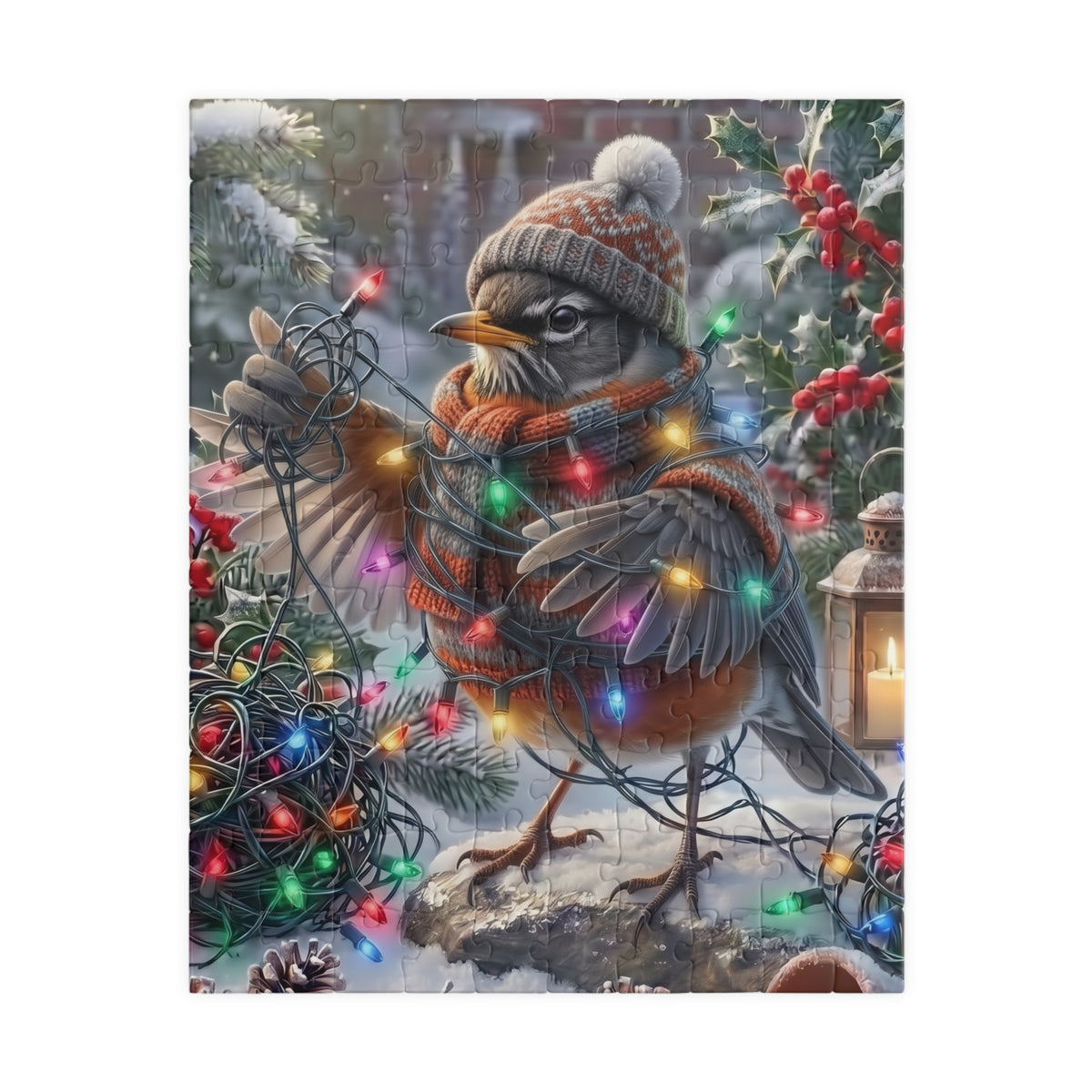A square jigsaw puzzle featuring a winter holiday scene with a robin wearing a knit hat and scarf, wrapped in multicolored Christmas lights, standing in snow with holly and a lantern.