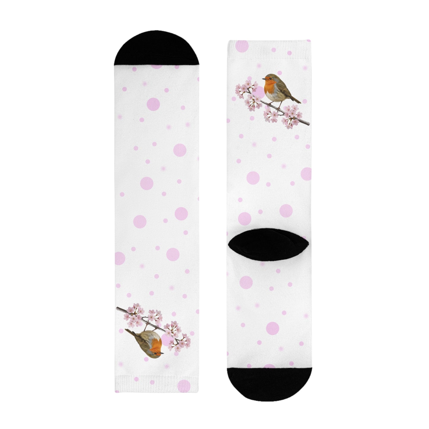 Rotkehlchen Socken mit Kirschblüten | Weiß Rosa gepunktete Vogelmotiv Strümpfe